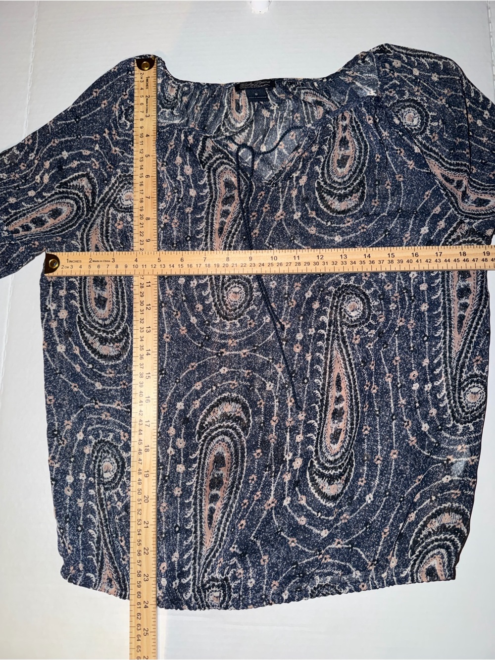 Lucky Brand Paisley V-Neck Blouse in Navy and Blush - Picture 8 of 12